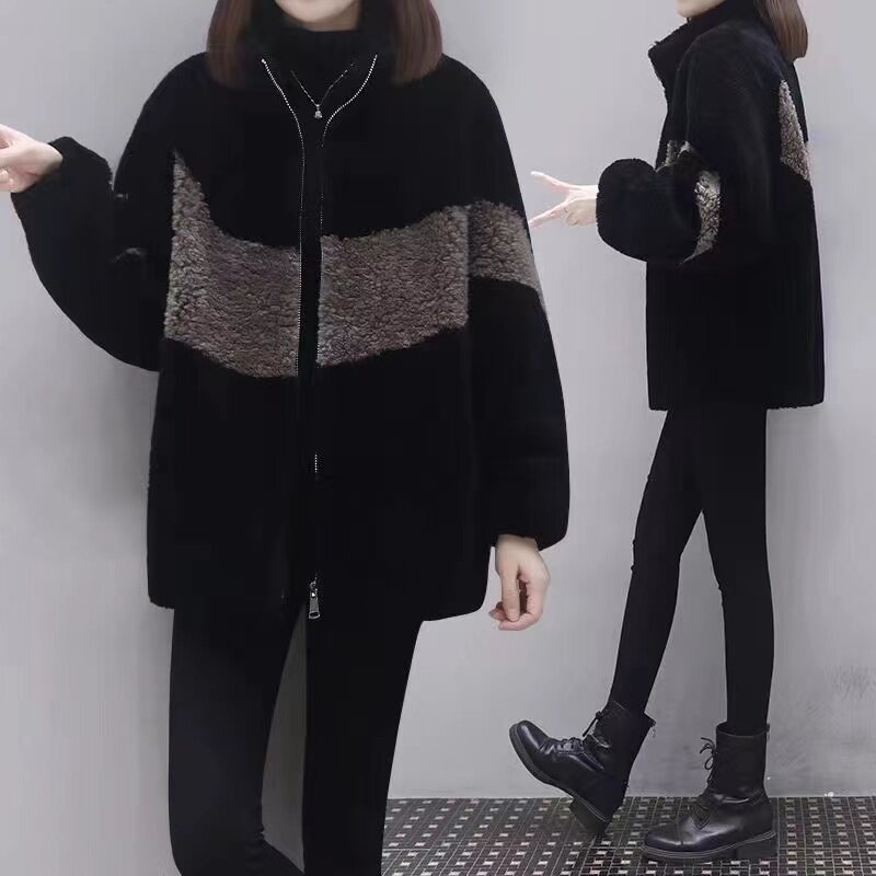 短款仿羊羔毛外套女新款冬加绒加厚大码宽松拼色仿羊剪绒大衣女