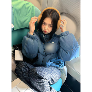 金智妮Jennie同款蓝色立领短款牛仔羽绒棉服女冬季面包服棉袄外套