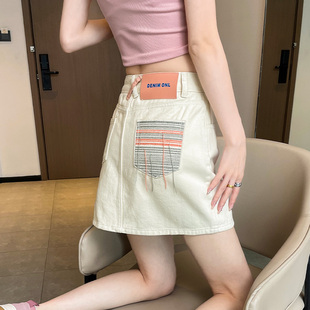韩国米白牛仔短裙女裙裤 高腰a字短裤 薄款 夏季 裙撞色包臀半身裙子