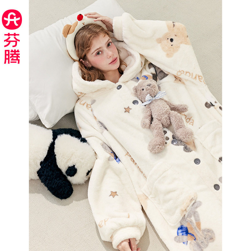 芬腾【奶芙绒】女士睡袍秋冬季加厚连帽睡衣女新款保暖家居服浴袍
