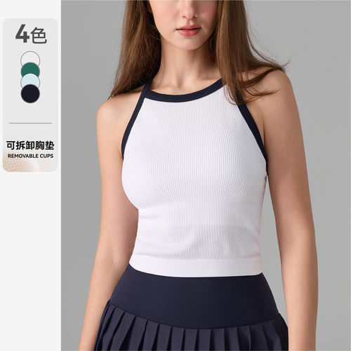 跨境一体织造工字拼色背心带胸垫外穿复古瑜伽服文胸防震跑步内衣