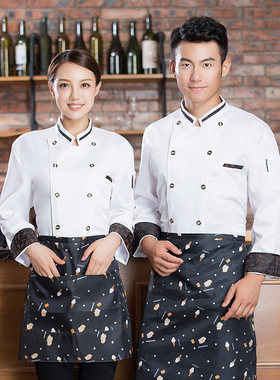 厨师服长袖秋季冬西餐厅酒店饭馆后厨房食堂工作服男装白色双排扣