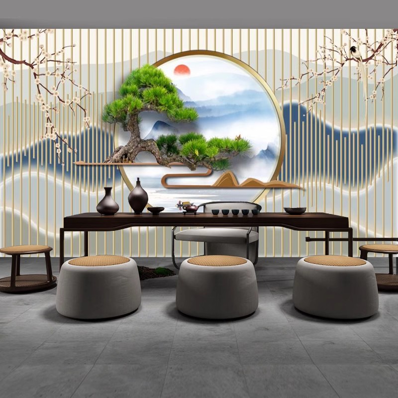 2025新款电视背景墙壁纸中式山水装饰壁画3d立体墙纸客厅茶室墙布