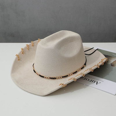 民族风西部牛仔翻卷沿大沿牛仔帽牛头配饰仿皮绒爵士帽骑马帽子