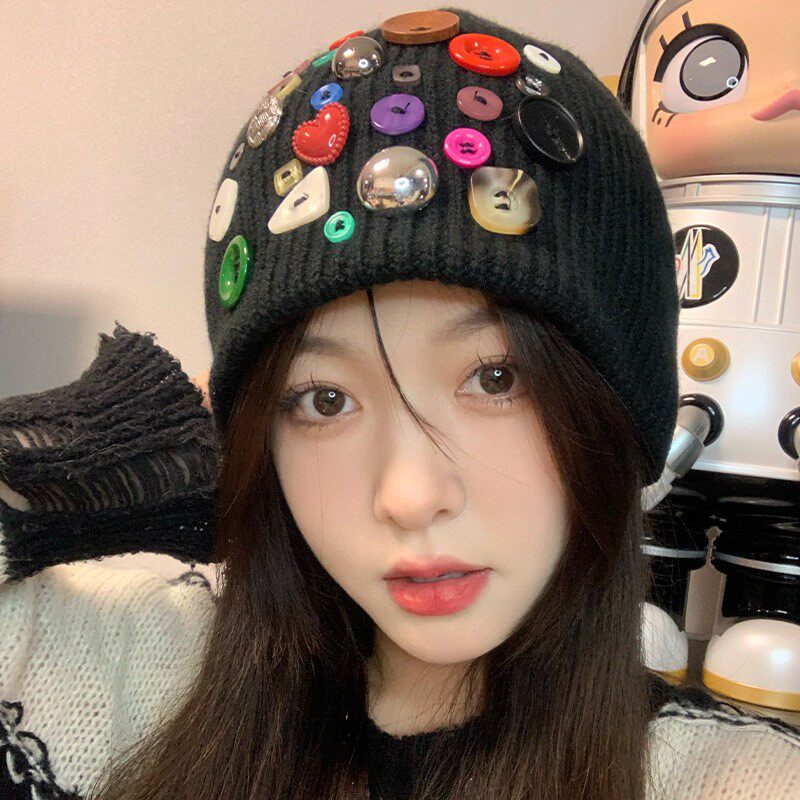 五彩纽扣毛线帽女黑色秋冬季针织堆堆帽大头围冷帽日系显脸小帽子,服饰配件/皮带/帽子/围巾,帽子,淘宝优惠券,粉丝福利购,淘宝优惠卷