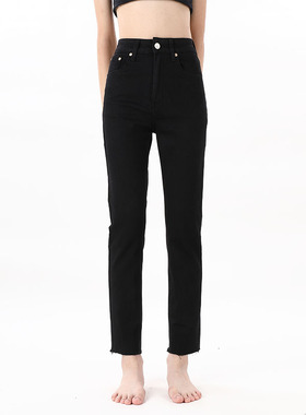 GPOD VGOZE薄款黑色烟管修身毛边铅笔高腰小直筒牛仔裤女2025冬0