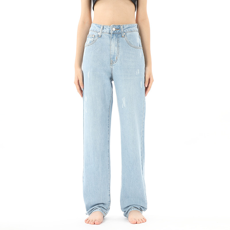 阔腿直筒浅蓝拖地宽松拖地牛仔裤