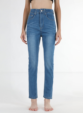 GPOD美式水洗蓝高街烟管裤修身显瘦高腰小直筒牛仔裤女WALN弹力