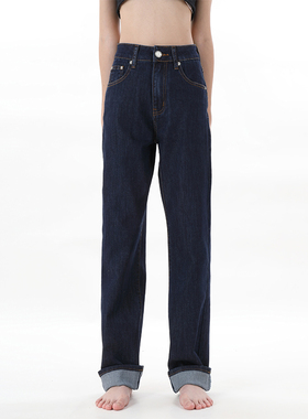 gpod IUPL薄款翻边拖地裤深蓝丹宁阔腿宽松高腰直筒牛仔裤女新款4