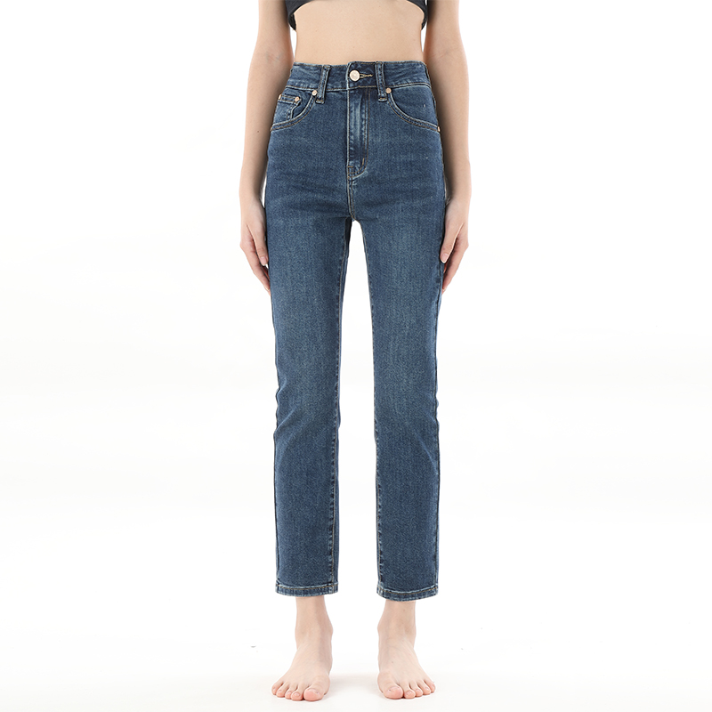 显瘦烟管九分高腰深蓝色牛仔裤