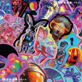 50张蒸汽赛博贴纸镭射朋克科技感亮膜手账手机壳diy防水装 饰贴画