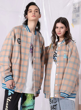 XXGOGO春秋季格纹格子字母绣花长袖棒球服宽松夹克外套男女同款