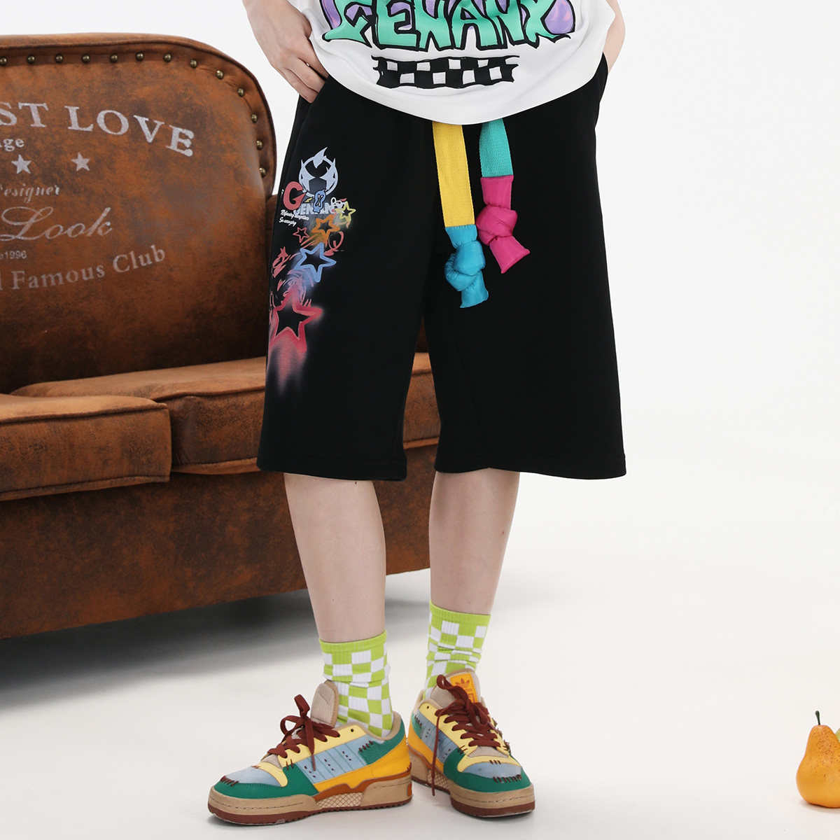 GENANX闪电潮牌2025夏季新款五分裤宽松趣味设计抽绳松紧带男短裤,男装,短裤,淘宝优惠券,粉丝福利购,淘宝优惠卷