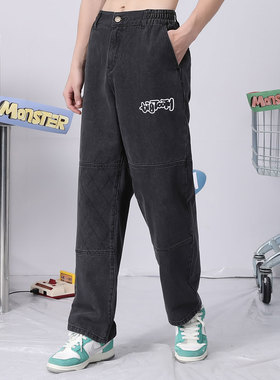 bt潮牌春秋季简约风字母印花拉链中腰宽松牛仔裤男女同款黑灰色