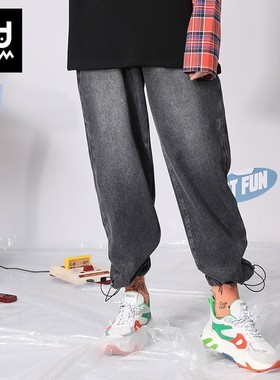 bt潮牌春秋季原创灰色趣味绣花高腰宽松束脚牛仔裤男女同款裤子