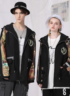 XXGOGO春秋季不规则抽象印花反光条拼接连帽夹克男女同款黑色外套