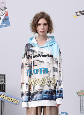 bt潮牌春秋季街景插画字母炫彩满印连帽落肩袖卫衣男女同款杏蓝色