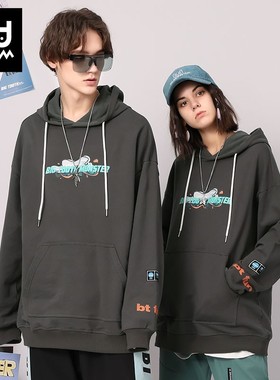 bt潮牌英文大海印花袋鼠兜纯棉连帽宽松常规卫衣男女同款深灰色