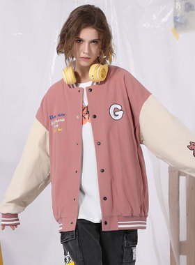 XXGOGO春秋季字母撞色拼接卡通绣花夹克棒球服男女同款情侣装外套