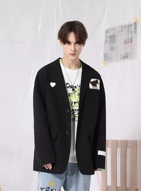 XXGOGO春秋季西服英文绣花绣标简约基础款通勤纯色小西装男女同款