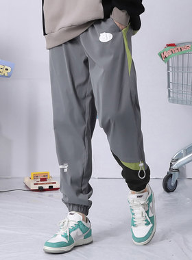 bt潮牌春秋撞色拼接字母印花贴标弹力绳束脚裤运动裤男女同款灰色