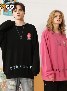 XXGOGO春秋季个性圆领卫衣爱心哥特字母印花国潮宽松情侣套头卫衣