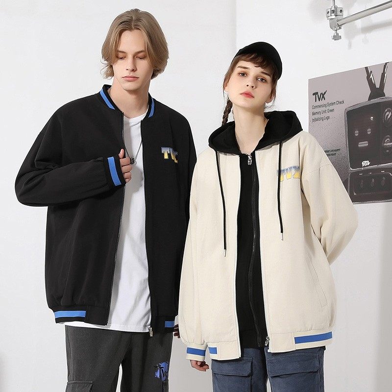 TVX 春秋学院风简约风渐变字母印花情侣款纯棉棒球服夹克男女同款
