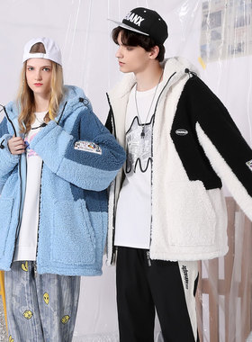 XXGOGO冬季撞色拼接麦穗花字母Logo贴布落肩袖棉服衣男女同款情侣