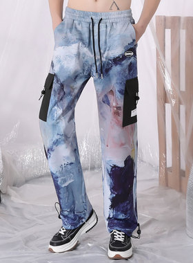 XXGOGO春秋季泼墨炫彩印花双侧大口袋束脚裤休闲裤 男女同款 蓝色