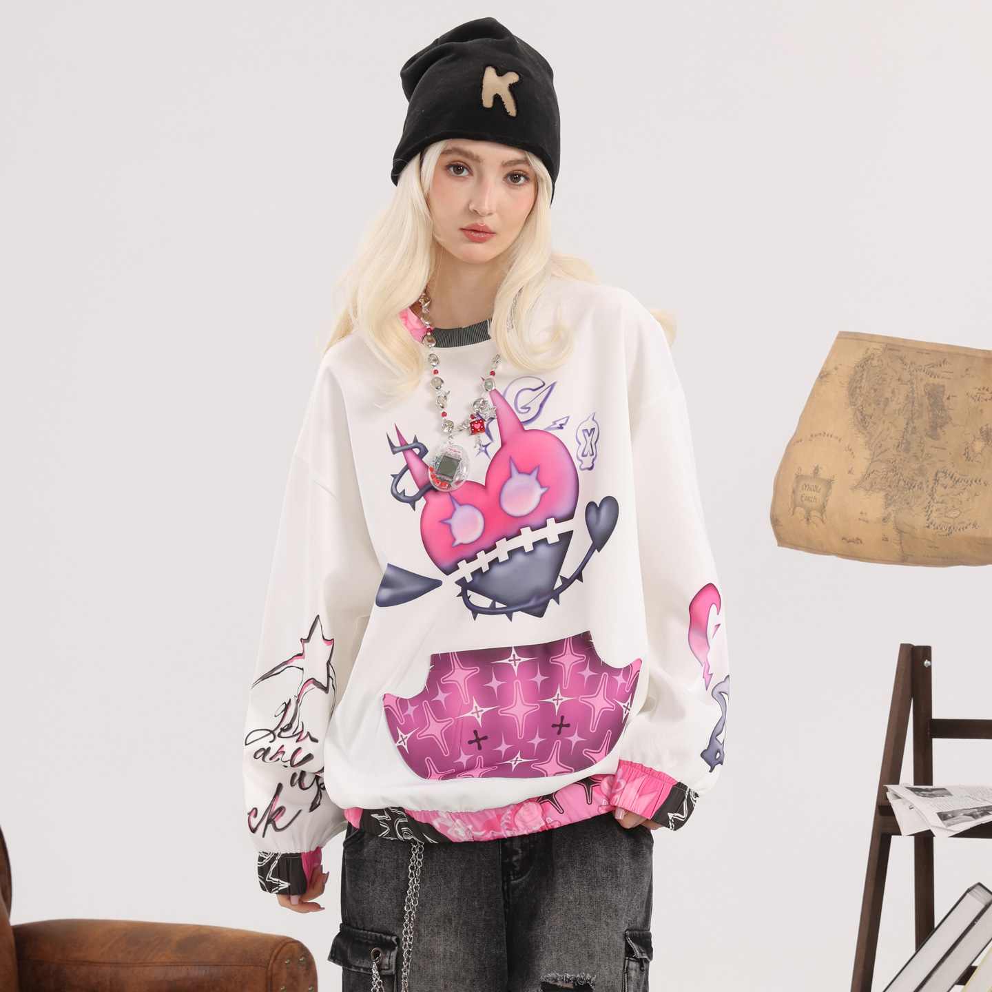 GENANX闪电潮牌2025秋季新款个性卡通印花学生质感通勤白色卫衣男