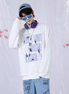 XXGOGO秋冬季英文猫咪印花落肩袖圆领宽松常规纯棉卫衣男女同款