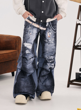GENANX闪电潮牌春秋季新仿牛仔裤王橹杰同款印花阔腿拖地长休闲男