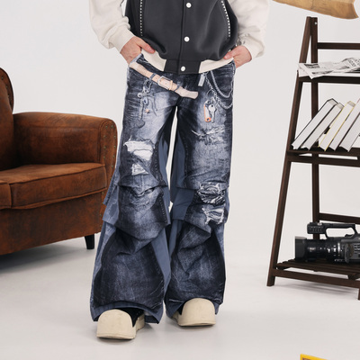 GENANX闪电潮牌2025秋季仿牛仔裤王橹杰同款印花阔腿拖地长休闲男