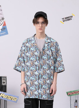 bt夏季宽松时尚滑板少年满印涂鸦落肩袖短袖衬衫男女同款灰色