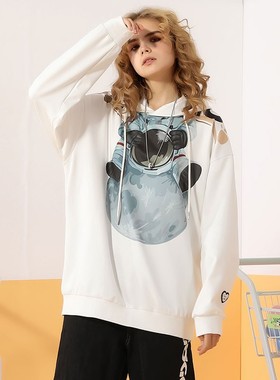 XXGOGO春秋帽衫国潮个性宇航员月球字母爱心贴标连帽情侣卫衣男女