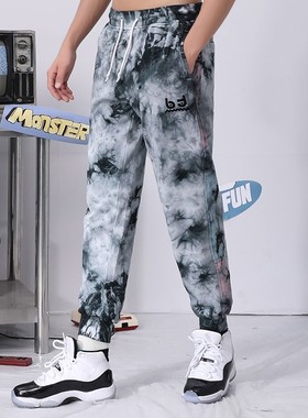 bt潮牌复古风黑灰扎染印花绣花弹力休闲束脚裤运动裤男女同款灰色