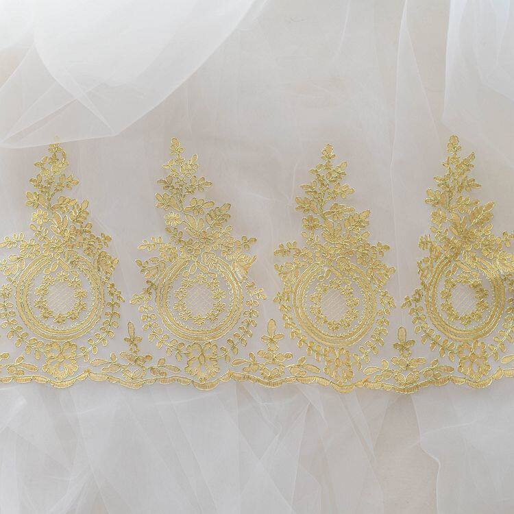 多色网底超宽菠萝花型浅金色线车骨花边婚纱礼服花边辅料宽28厘米