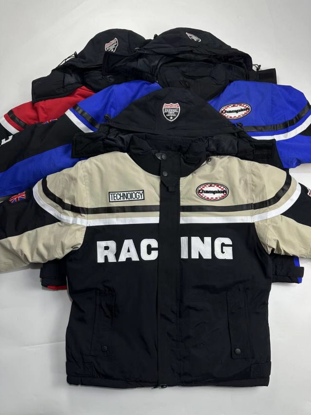 万针刺绣外贸男士户外防风防水夹棉保暖连帽赛车服骑行机车服棉服