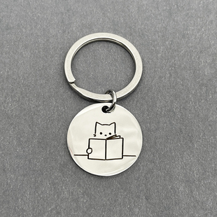 日系小猫躲猫猫 FuG贵儿 简笔线条卡通不锈钢金属钥匙扣