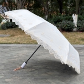 蕾丝边刺绣自动伞米白色黑胶防紫外线防晒遮阳晴雨两用太阳伞淑女