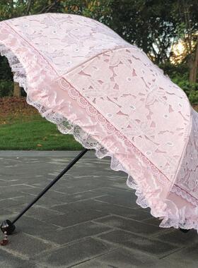 粉红色烧花三折黑胶蕾丝防紫外线防晒遮阳太阳伞晴雨伞少女公主伞