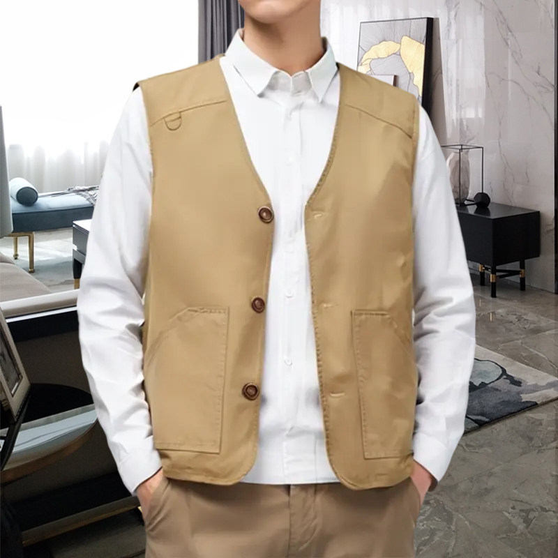男士V领棉马甲大码宽松休闲多口袋钓鱼青年中年坎肩马夹背心潮