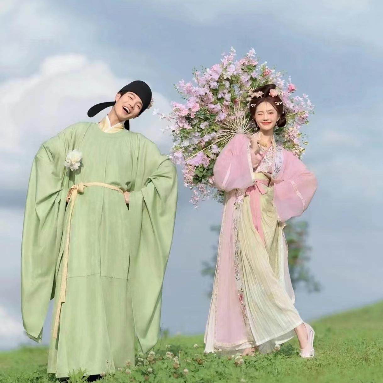 新款唐制古代中式照摄影道具结婚粘花伞粉色外景系列草坪风婚纱