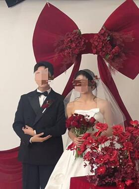 大蝴蝶结背景布结婚拍照道具婚礼现场布置装饰红色丝绒布幔背景墙