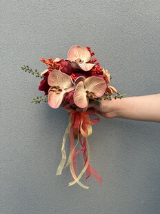 金色手捧花diy红色秀禾仿真花中式喜嫁花束球形新婚礼物new 实拍