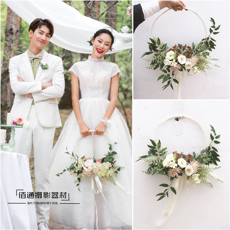 外景旅拍摄影 环形手捧花 唯美小清新 韩式新娘婚礼样片 手提花环