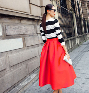 春秋新款女赫本百褶蓬蓬中长半身裙A字大摆显瘦高腰气质伞裙红色