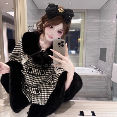 千鸟格子毛呢斗篷外套