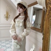 森女系原创想去海边 云雾追梦 蝴蝶结镂空清楚系刺绣连衣裙