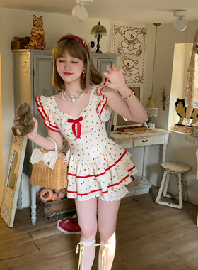 森女系原创想去海边 樱桃彩虹 夏日软妹甜美少女活泼小飞袖连衣裙